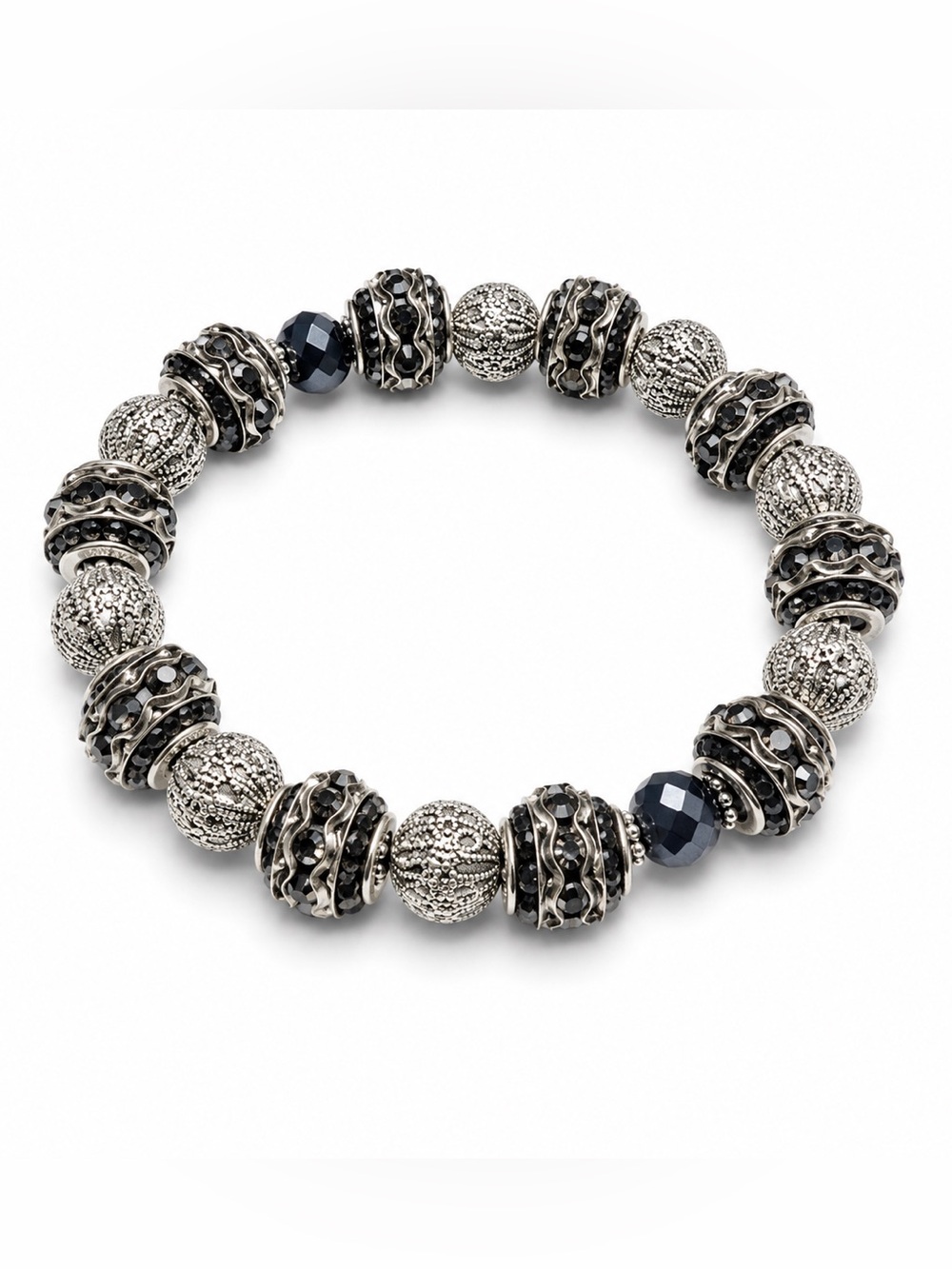 Silver Tone Hematite Beaded Stretchy Bracelet